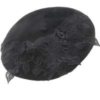 Barett Mütze Wolle schwarz spitze mit Blumen